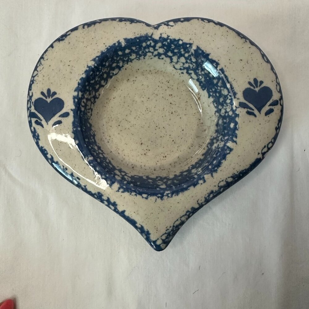 Stoneware Heart Shaped Blue and White Spongeware Jewelry Trinket Dish Vintage